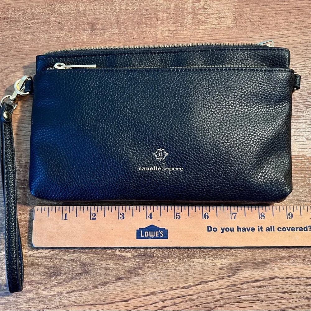 Nanette Lepore Black Leather and Gold‎ Detail Wristlet Clutch Handbag